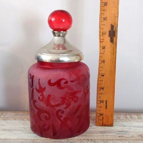 𝅺apothecary Jar Canister with Lid Red Etched Glass Shelf Decor - Picture 1 of 6